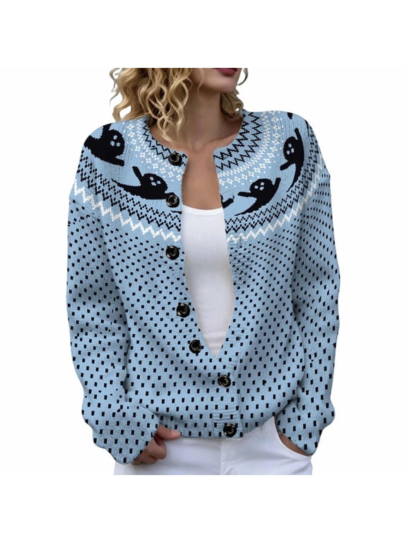 Halloween Cardigan Sweaters for Women Long Sleeve Skeleton Coats V Neck Ghost Graphic Knit Sweater Fall Winter Funny Print Going Out Cardigans Blue S