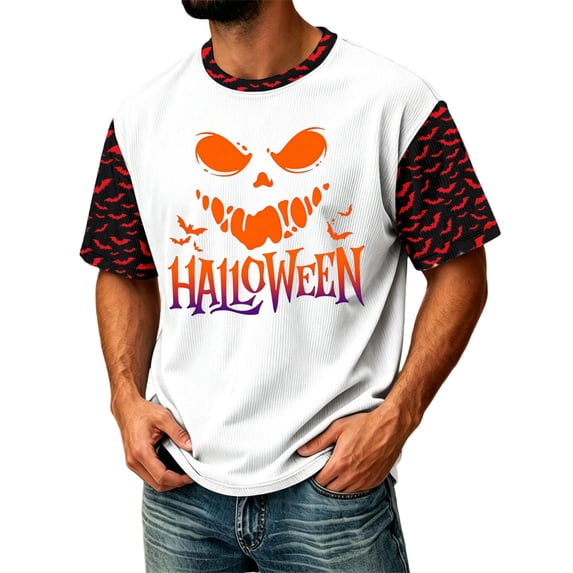 DORKASM Halloween Costumes for Men Short Sleeve Pumpkin Basic Blouse Round Neck Ghost Graphic Skeleton Fall Winter T-Shirt Spooky Vacation Comfy Pullover White S