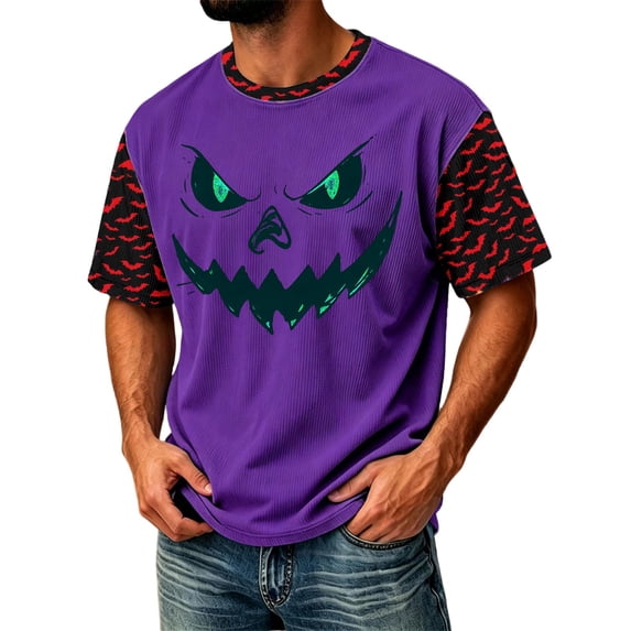 DORKASM Halloween Costumes for Men Short Sleeve Pumpkin Basic Tops Round Neck Funny Print Ghost Graphic Vacation Blouse Spooky Fall Winter Loose T Shirt Purple 2XL