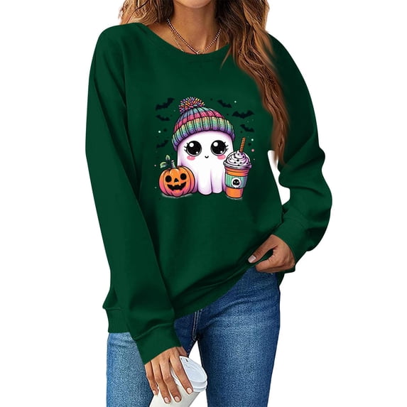 DORKASM Halloween Costumes for Women Long Sleeve Trendy Oversized Funny Print Costumes Crew Neck Loose Fit Causal 2026 Ghost Graphic Tops Fall Skeleton Hoodies Dark Green M