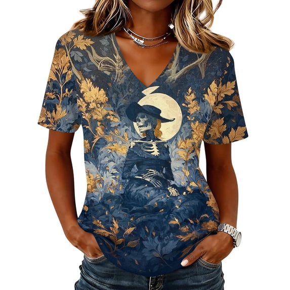 DORKASM Halloween Costumes for Women V Neck Funny Print Causal Tops Short Sleeve Pumpkin Skeleton Fall Winter Shirt Spooky 2026 Loose Tshirt Multicolor 3XL