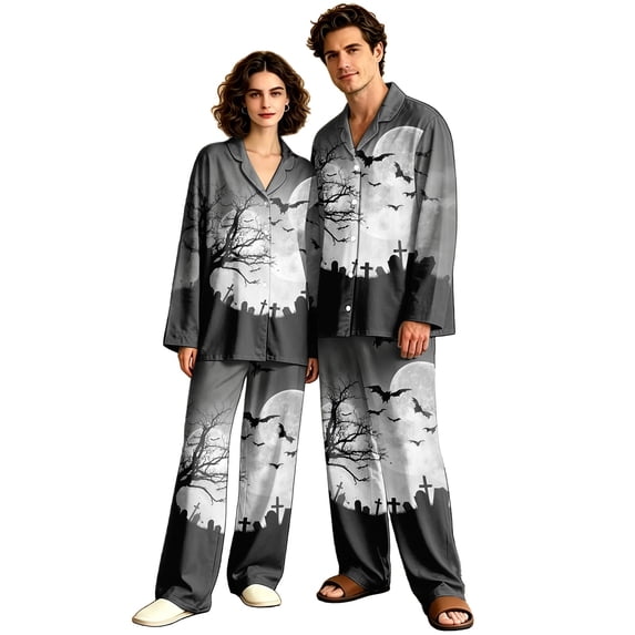 DORKASM Halloween Couple Pajamas Matching Sets Long Sleeve Pajama Set for Women & Men Button-Down V-Neck Sleepwear House Wear Khaki 3XL