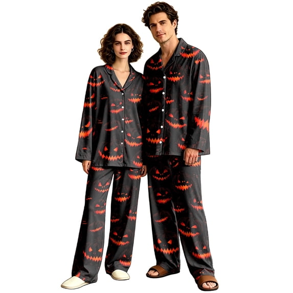 DORKASM Halloween Couple Pajamas Matching Sets Long Sleeve Pajama Set for Women & Men Button-Down V-Neck Sleepwear House Wear Red M