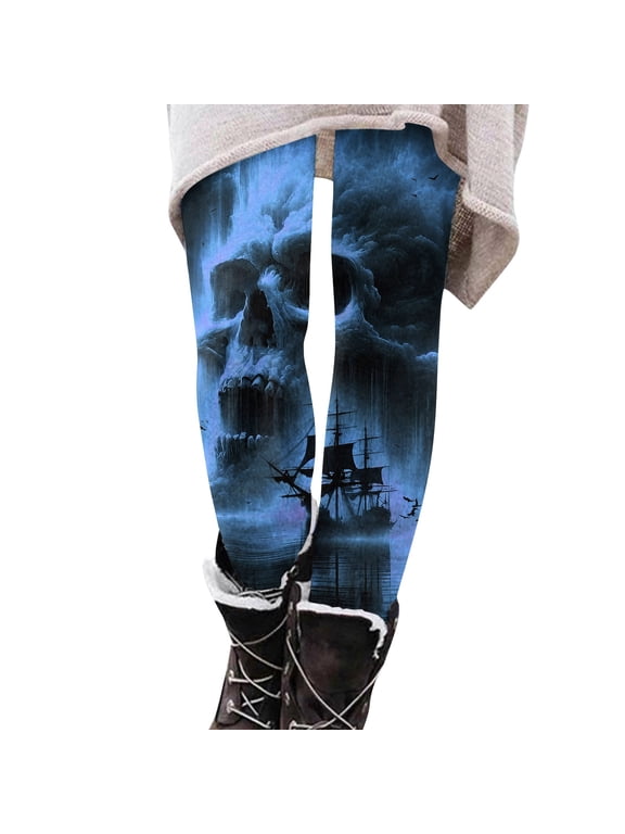 Halloween Leggings Womens High Waist Slim Fit Spider Web Trousers Skeleton Witch Yoga Pants Bat Comfy Fall Leggings Navy L