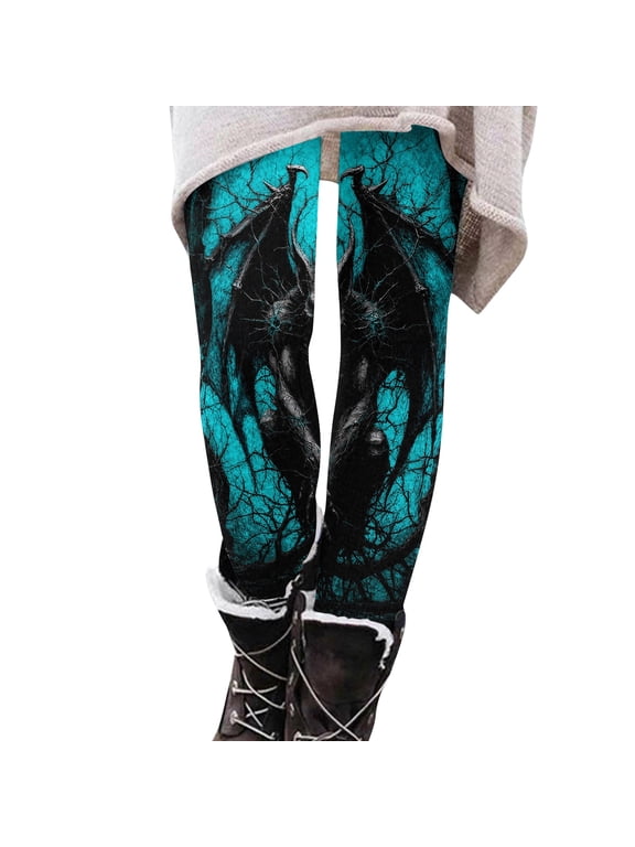 Halloween Leggings Womens High Waist Slim Fit Spider Yoga Pants Ghost Graphic Bat Leggings Skull Fashion Fall Trousers Cyan S