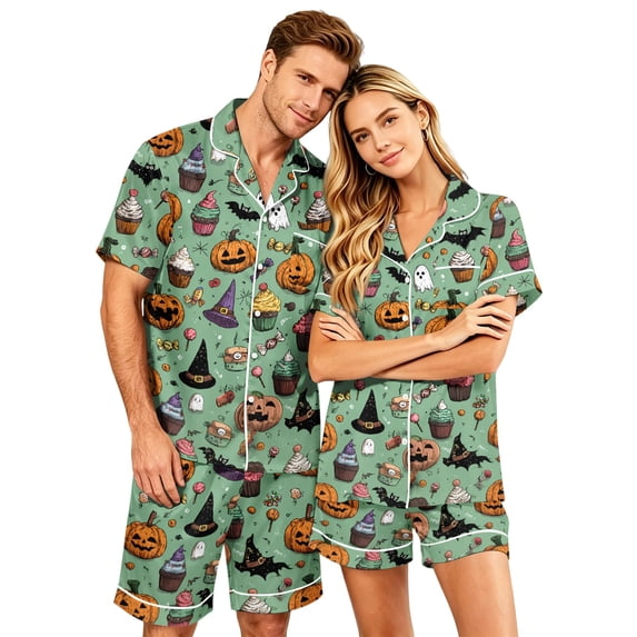 DORKASM Halloween Matching Pajamas for Couples Pj Sets for Woman Men Bat Pumpkin Print Button Down Sleepwear Green XL