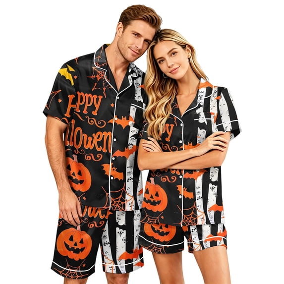 DORKASM Halloween Matching Pajamas for Couples Pj Sets for Woman Men Bat Pumpkin Print Button Down Sleepwear S