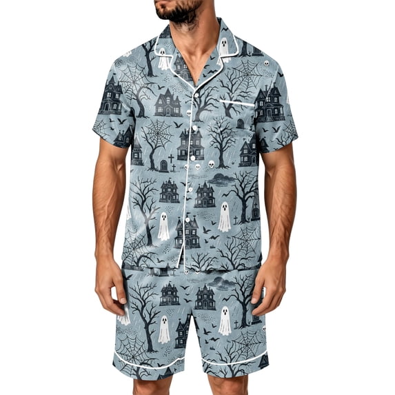 DORKASM Halloween Matching Pajamas for Men Pj Sets Bat Pumpkin Print Button Down Sleepwear Black M