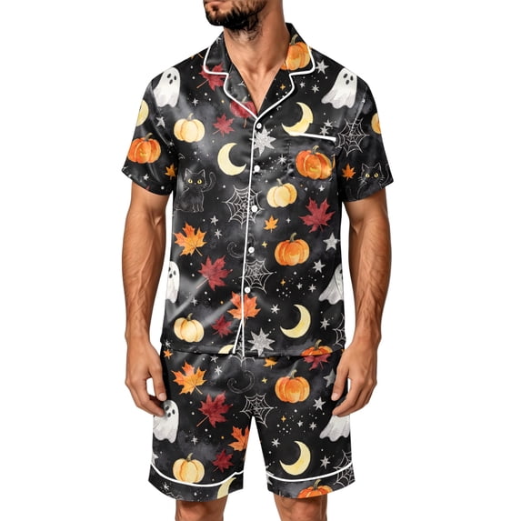 DORKASM Halloween Matching Pajamas for Men Pj Sets Bat Pumpkin Print Button Down Sleepwear Blue L
