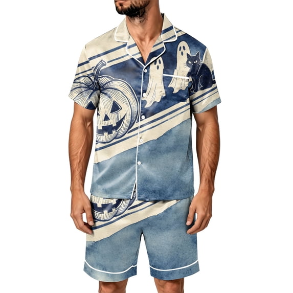 DORKASM Halloween Matching Pajamas for Men Pj Sets Bat Pumpkin Print Button Down Sleepwear Light Gray 3XL
