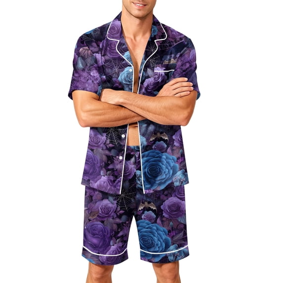 DORKASM Halloween Matching Pajamas for Men Pj Sets Bat Pumpkin Print Button Down Sleepwear Purple 4XL