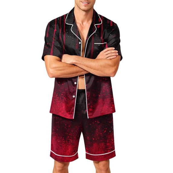 DORKASM Halloween Matching Pajamas for Men Pj Sets Bat Pumpkin Print Button Down Sleepwear Red L