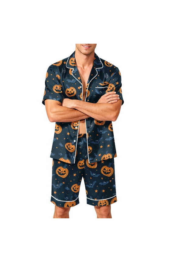 Halloween Matching Pajamas for Men Pj Sets Bat Pumpkin Print Button Down Sleepwear Yellow S