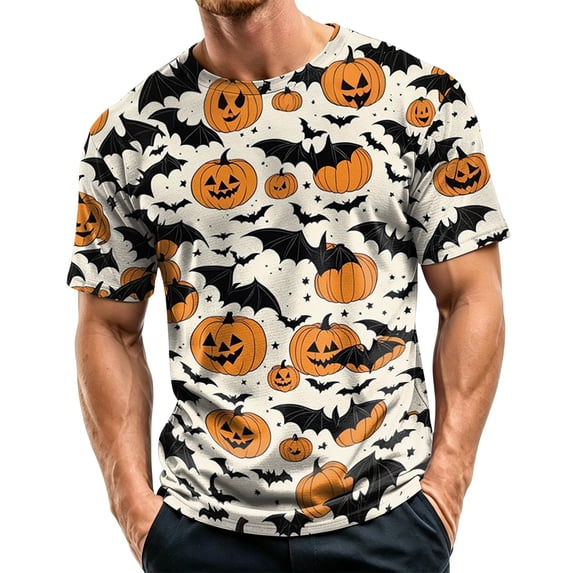 DORKASM Halloween Men's Shirts Short Sleeve Pumpkin Basic Shirts Crew Neck Skeleton Ghost Graphic Fall Winter T-Shirt Funny Print 2026 Comfy Blouse White XL