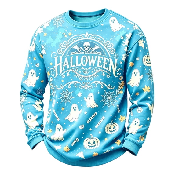 DORKASM Halloween Shirts for Men Crew Neck Long Sleeve Skeleton Ghost Loose Fit Tshirt Bat Fashion Witch Ghost Graphic Lightweight Tops Sky Blue 2XL