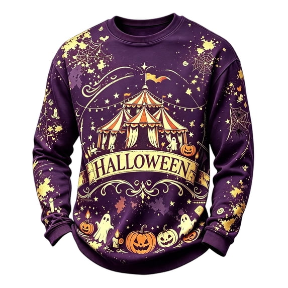 DORKASM Halloween Shirts for Men Long Sleeve Crew Neck Ghost Graphic Skull Trendy Shirts Pumpkin Comfy Witch Skeleton Fashion Tops Purple S