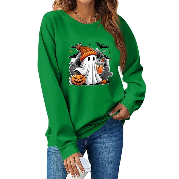 DORKASM Halloween Sweatshirt for Women Long Sleeve Comfy Funny Cute Spooky Tops Crew Neck Oversized Fashion Fall Pumpkin Costumes 2026 Skeleton Hoodies Green 3XL