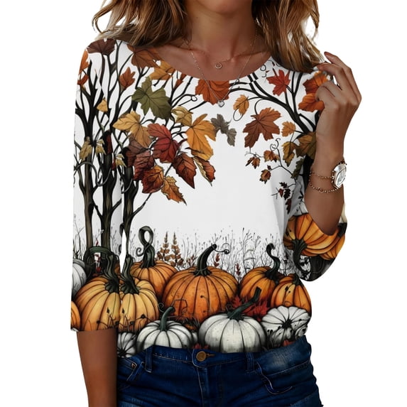 DORKASM Halloween T-Shirt for Women 3/4 Sleeve Crew Neck Pumpkin Spider Floral Tops 2026 Ghost Graphic Witch Graphic Clothes Spooky Skull Tshirt Multicolor L