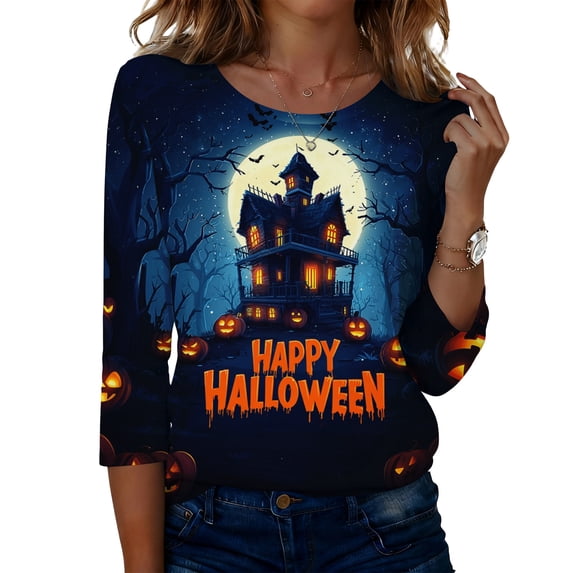 DORKASM Halloween T-Shirt for Women Crew Neck 3/4 Sleeve Pumpkin Spider Web Graphic Tee 2026 Skull Spider Cute Tshirt Floral Bat Shirt Blue 3XL