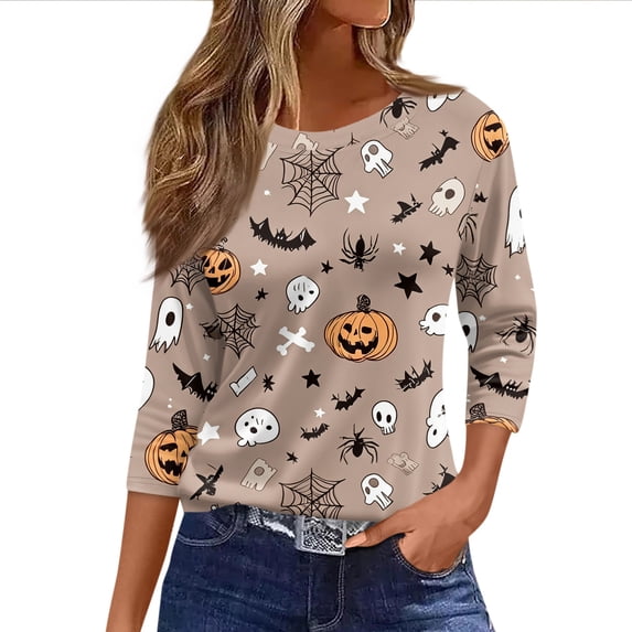 DORKASM Halloween Women's Shirts 3/4 Sleeve Crew Neck Spider Bat Casual T-Shirt 2026 Skeleton Funny Print Funny Shirt Fall Ghost Shirts Khaki 2XL