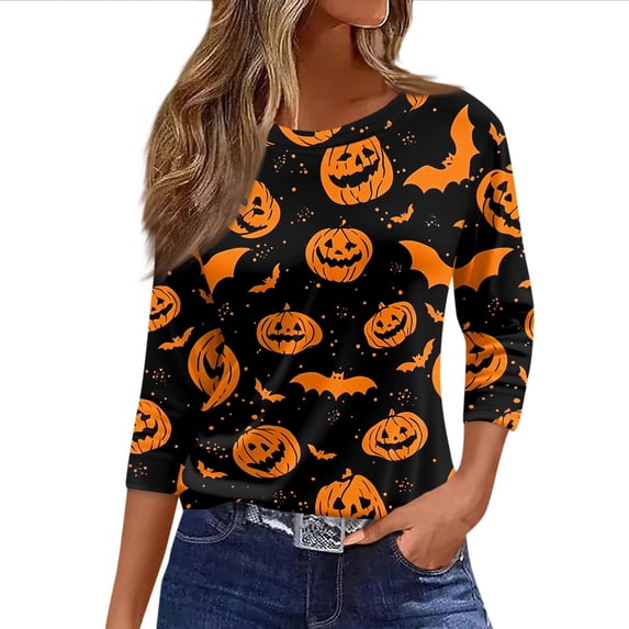 DORKASM Halloween Women's Shirts 3/4 Sleeve Crew Neck Witch Spider Web Floral Tshirt 2026 Skeleton Pumpkin Cute Shirts Trendy Ghost Tee Saffron 3XL