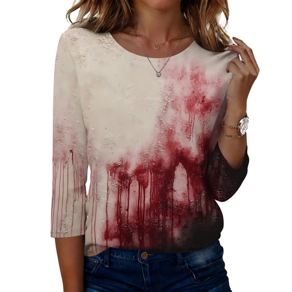 DORKASM Halloween Women's Shirts Crew Neck 3/4 Sleeve Ghost Graphic Ghost Trendy Shirt 2026 Spider Bat Casual T Shirt Fall Witch T-Shirt Wine 3XL