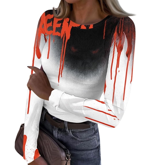 DORKASM Halloween Women's Shirts Crew Neck Funny Print Loose Blouse Long Sleeve Spooky Skeleton Vacation T Shirt Pumpkin 2026 Trendy Tops Gray M
