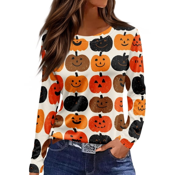 DORKASM Halloween Women's Shirts Long Sleeve Skeleton Basic Shirt Round Neck Pumpkin Spooky 2026 Tops Ghost Graphic Fall Winter Lounge T Shirt Ginger 2XL