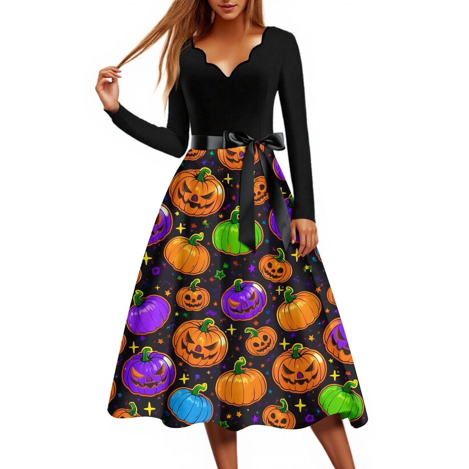 DORKASM Halloween Womens Hepburn Dress 1950s Witches Trendy Long Sleeve ...
