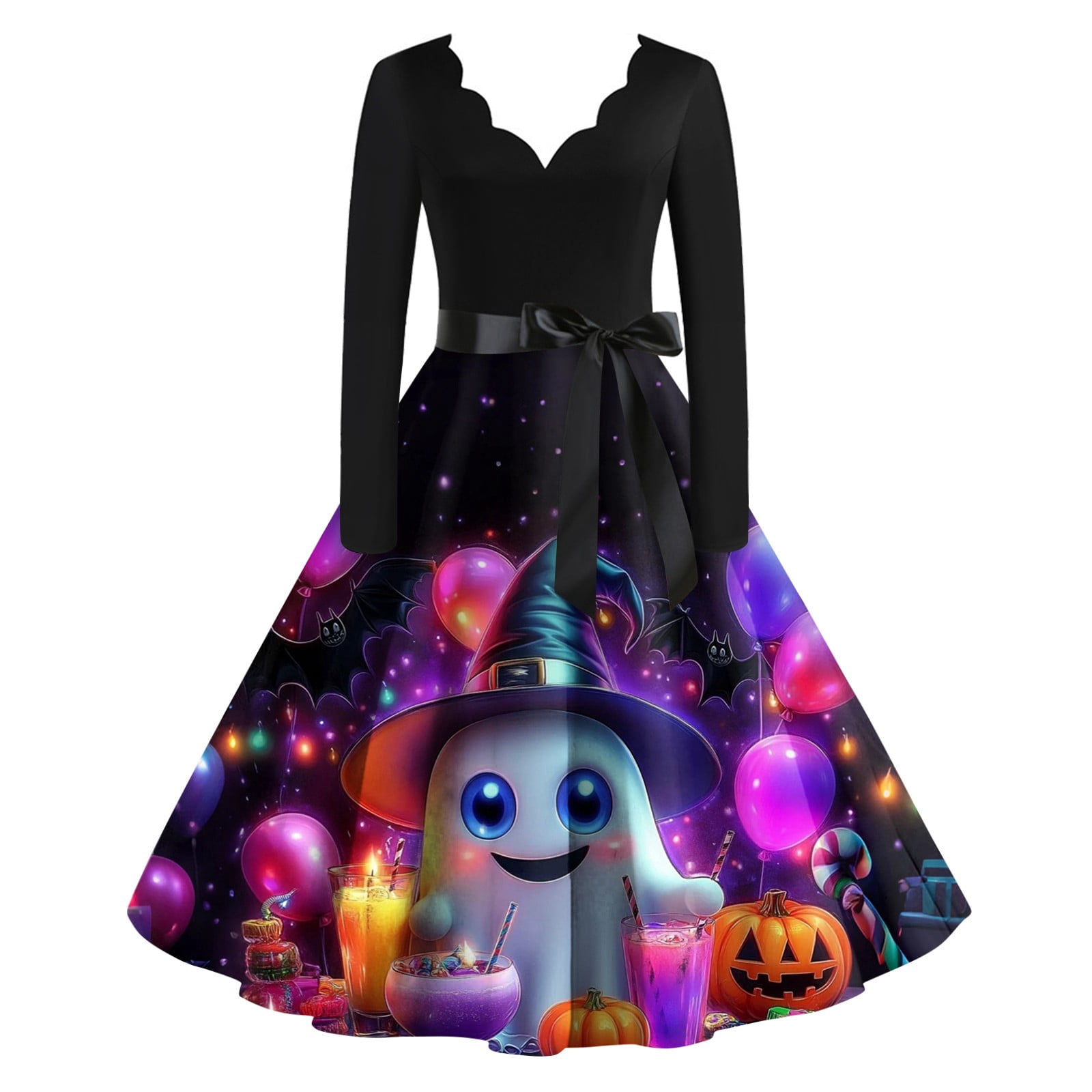 Women's Fashion Halloween Horror Art Print Bat Sleeve V Neck Maxi Dress main image 1