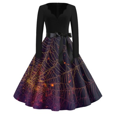 Halloween Plus Size Clothes Women's Halloween Pumpkin Print Dress - Spooky Midi Dress For Horror Parties Gothic Halloween Vintage Dress