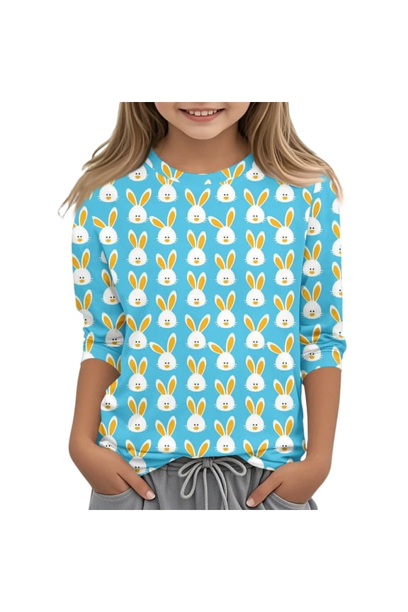Kids 3/4 Sleeve Bunny Face Print T-Shirt: Easter Casual Crew Neck Top Blue 150