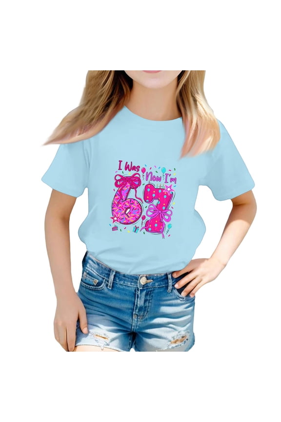 Kids 'I 6 Now I'm 7' Graphic Tee: 7th Birthday Short Sleeve Shirt Light Blue 150