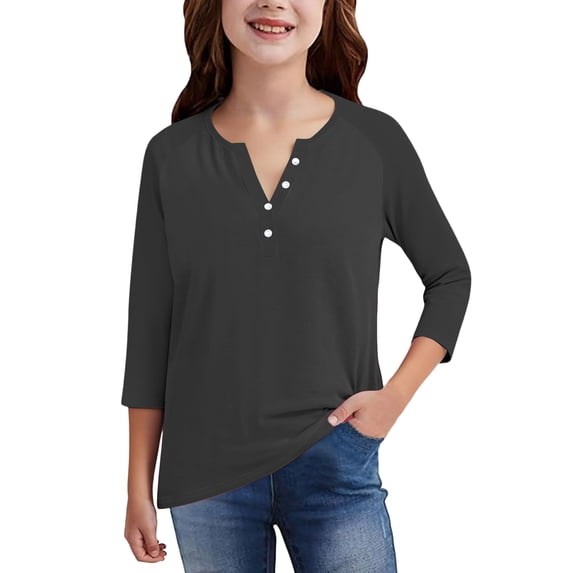 DORKASM Kids Solid Color 3/4 Sleeve Henley Shirt: Pink Casual Button Up Top Gray 130