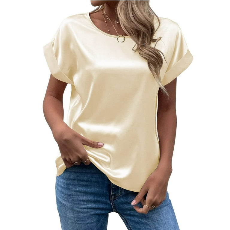 DORKASM Ladies Tops and Blouses 3 4 Sleeve Satin Silk Short Sleeve