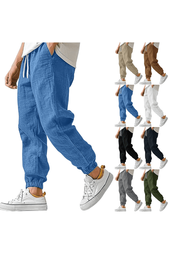 Linen Pants for Men Ankle Length Elastic Waist Comfy Solid Color Pants Ankle Strap Lightweight Loose Fit Vocation Trousers with Pockets Light Blue L