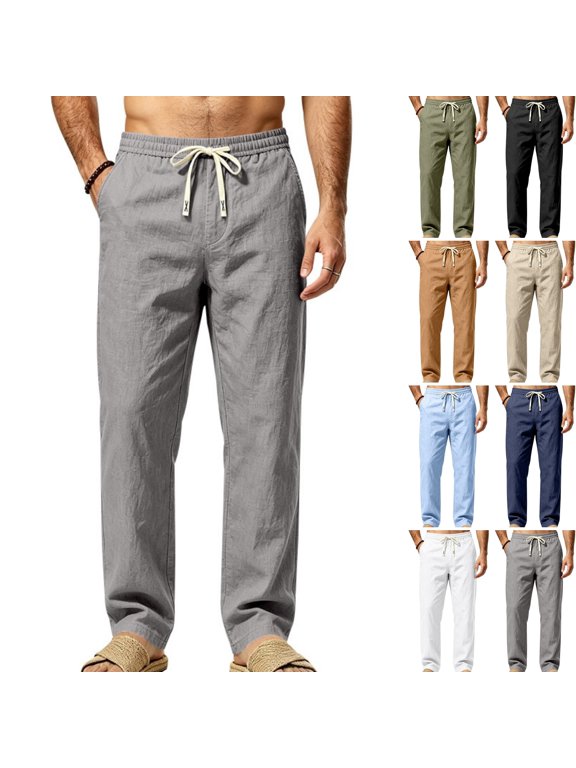 Linen Pants Men Wide Leg Loose Fit Baggy Trousers Elastic Waist Drawstring Summer Travel Yoga Pants 2026 Lightweight Flowy Jogging with Pockets Dark Gray M