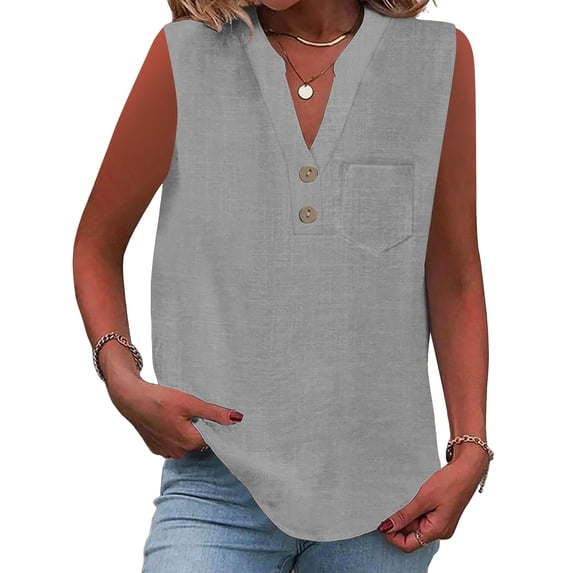 DORKASM Linen Shirts for Women V Neck Button Down Casual T-Shirts Sleeveless Loose Fit Trendy 2026 Tshirt Solid Color Beach Vocation Tank Tops Dark Gray XL