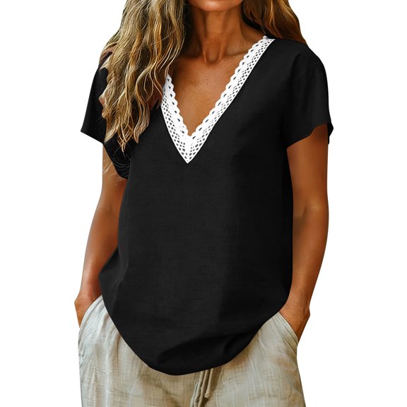 DORKASM Linen Shirts for Women short Sleeve Solid Color Flowy T-Shirts V Neck Lightweight Business Summer Tees Loose Fit Casual Vocation T Ops Black L