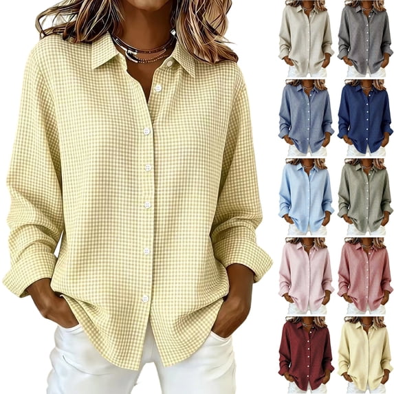 DORKASM Linen Shirts for Women Long Sleeve Plaid Fashion Tops V Neck Button Down Lightweight 2026 Soft Shirts Fall Trendy Gingham Blouse Yellow XL