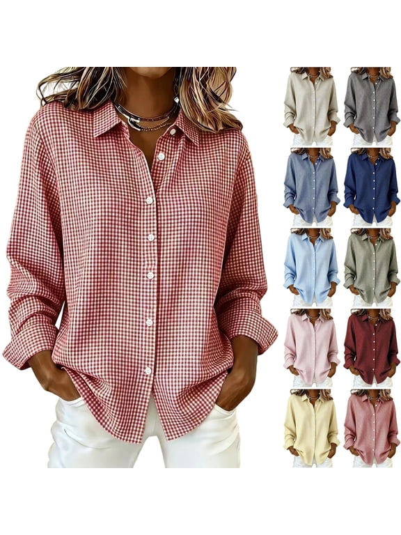 Linen Shirts for Women V Neck Button Down Trendy Shirts Long Sleeve Plaid Lightweight Fall Fashion Gingham Blouse 2026 Basic Shirt Red L