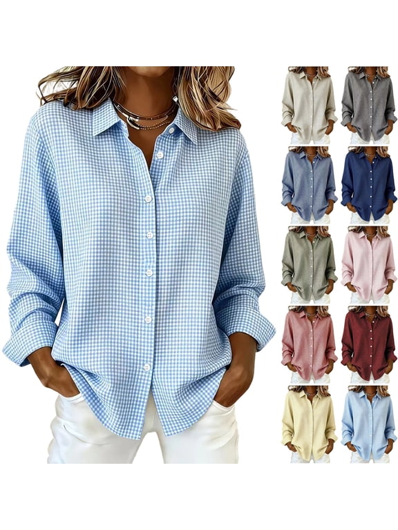 Linen Shirts for Women V Neck Lightweight Flowy Tops Long Sleeve Plaid Button Down 2026 Soft Shirt Fall Business Clothes Light Blue L