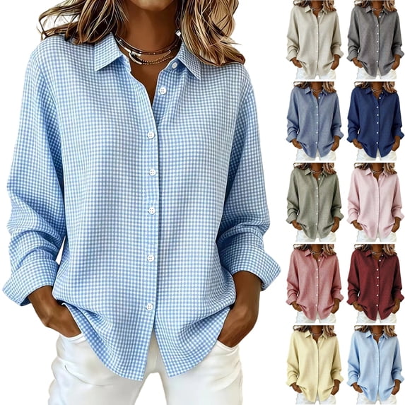 DORKASM Linen Tops for Women V Neck Button Down Beach Gingham Blouse Long Sleeve Plaid Lightweight Fall Soft Tops 2026 Fashion Shirt Light Blue M