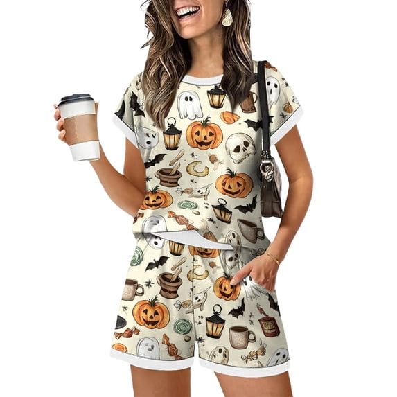 DORKASM Matching Halloween Pjs Sets for Woman Short Sleeve Sleepwear Pjs Shorts Set Complexion L