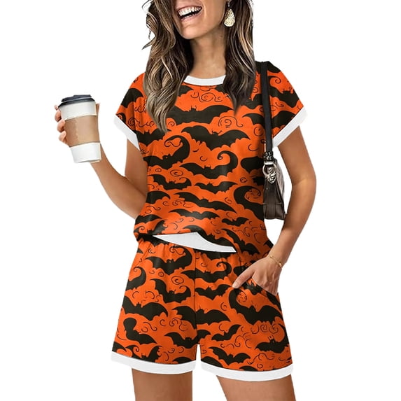 DORKASM Matching Halloween Pjs Sets for Woman Short Sleeve Sleepwear Pjs Shorts Set Saffron XL