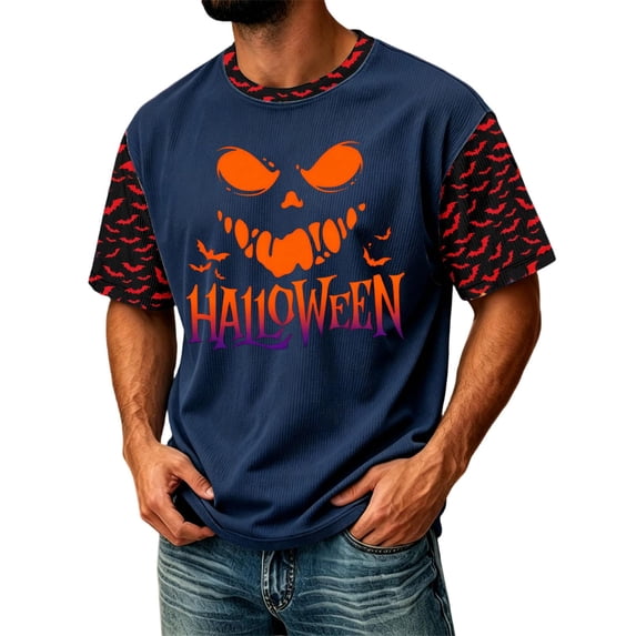 DORKASM Men Halloween Shirts Short Sleeve Pumpkin Loose T-Shirt Round Neck Ghost Graphic Spooky Fall Winter Tops Skeleton 2026 Comfy Shirts Navy L
