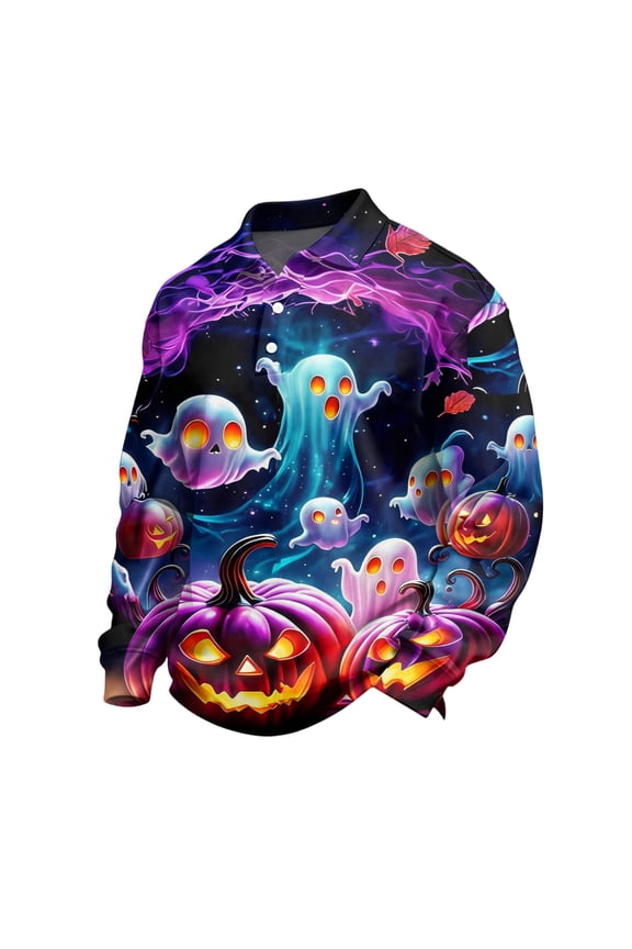 Men Halloween Shirts V Neck Funny Print Comfy Blouse Long Sleeve Button Up Skeleton Spooky Fall Winter Tops Pumpkin 2026 Basic Shirts Black S