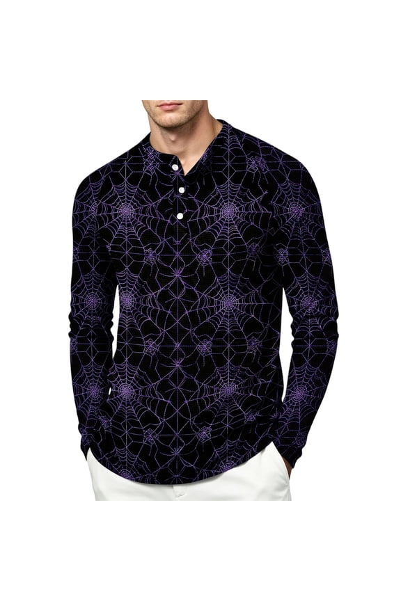 Men Halloween Shirts V Neck Ghost Graphic Trendy Shirts Long Sleeve Button Down Pumpkin Funny Print 2026 Blouse Skeleton Vacation Loose Tops Purple 3XL