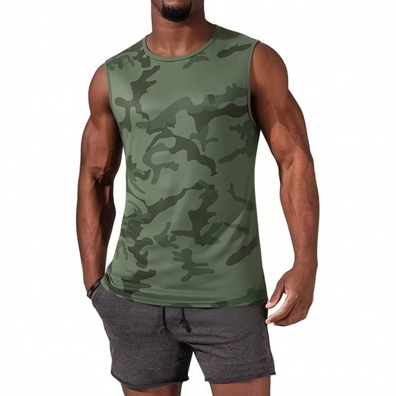 DORKASM Men's Camo Print Sleeveless Workout Tank Top Quick Dry Gym Muscle Shirt Athletic Tee Army Green 3XL