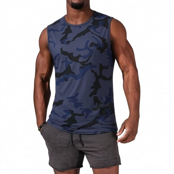 DORKASM Men's Camo Print Sleeveless Workout Tank Top Quick Dry Gym Muscle Shirt Athletic Tee Dark Blue 3XL